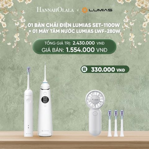  DEAL 33: COMBO CHĂM SÓC RĂNG MIỆNG: 01 BÀN CHẢI ĐIỆN LUMIAS SET-1100W + 01 MÁY TĂM NƯỚC LUMIAS LWF-280W (DUNG TÍCH 280ML) 