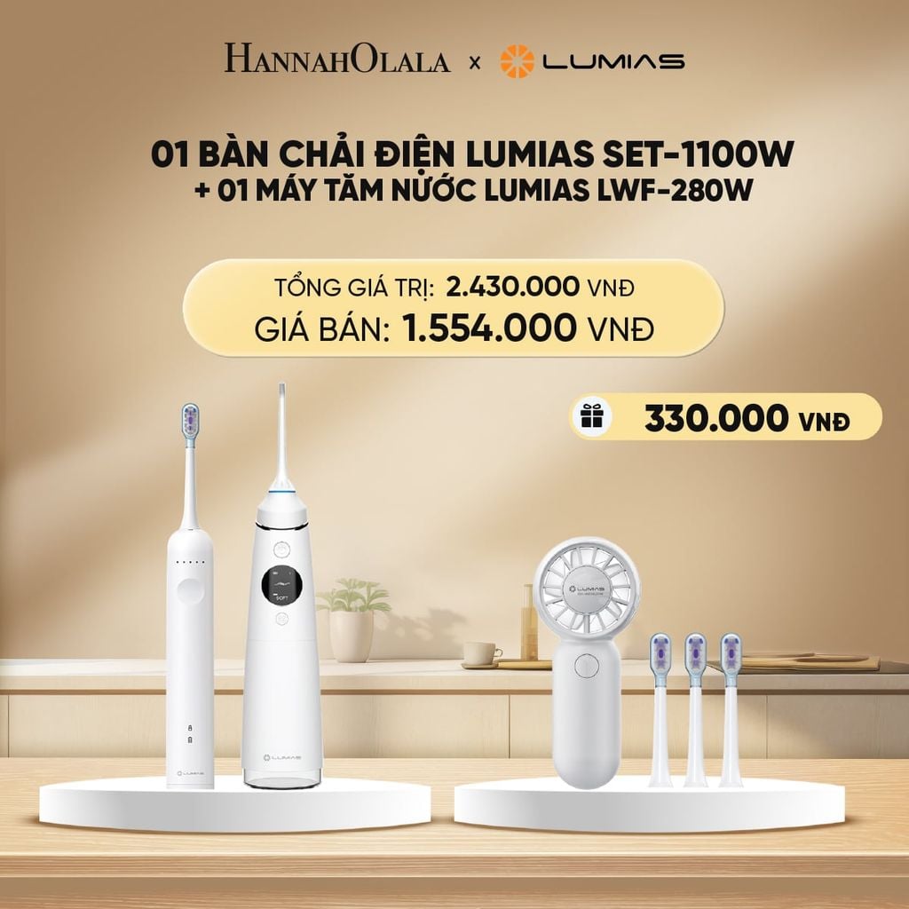  DEAL 11: COMBO CHĂM SÓC RĂNG MIỆNG: 01 BÀN CHẢI ĐIỆN LUMIAS SET-1100W + 01 MÁY TĂM NƯỚC LUMIAS LWF-280W (DUNG TÍCH 280ML) 
