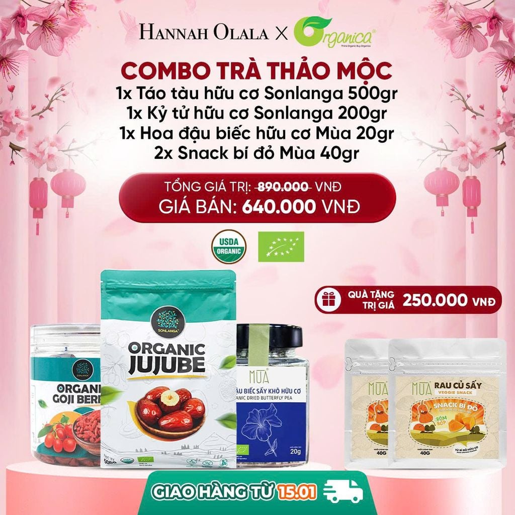  DEAL 12: [GIAO HÀNG 15/01/2026] COMBO TRÀ THẢO MỘC 1 X TÁO ĐỎ HỮU CƠ SONLANGA 500GR 1 X KỶ TỬ HỮU CƠ SONLANGA 200GR 1X HOA ĐẠU BIẾC MÙA 20GR 