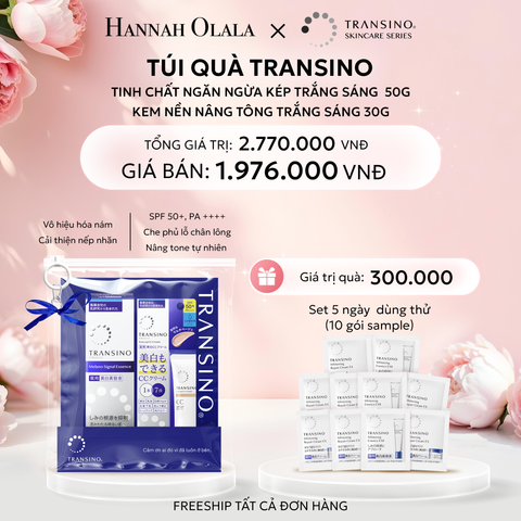  E198: DEAL 3: TÚI QUÀ TRANSINO : COMBO TINH CHẤT NGĂN CHẶN KÉP TRẮNG SÁNG 50G VÀ KEM NỀN NÂNG TÔNG TRẮNG SÁNG 30G 