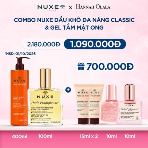  Deal 9: COMBO LÀM SẠCH & DƯỠNG ẨM NUXE: DẦU DƯỠNG 100ML + GEL TẮM 400ML 