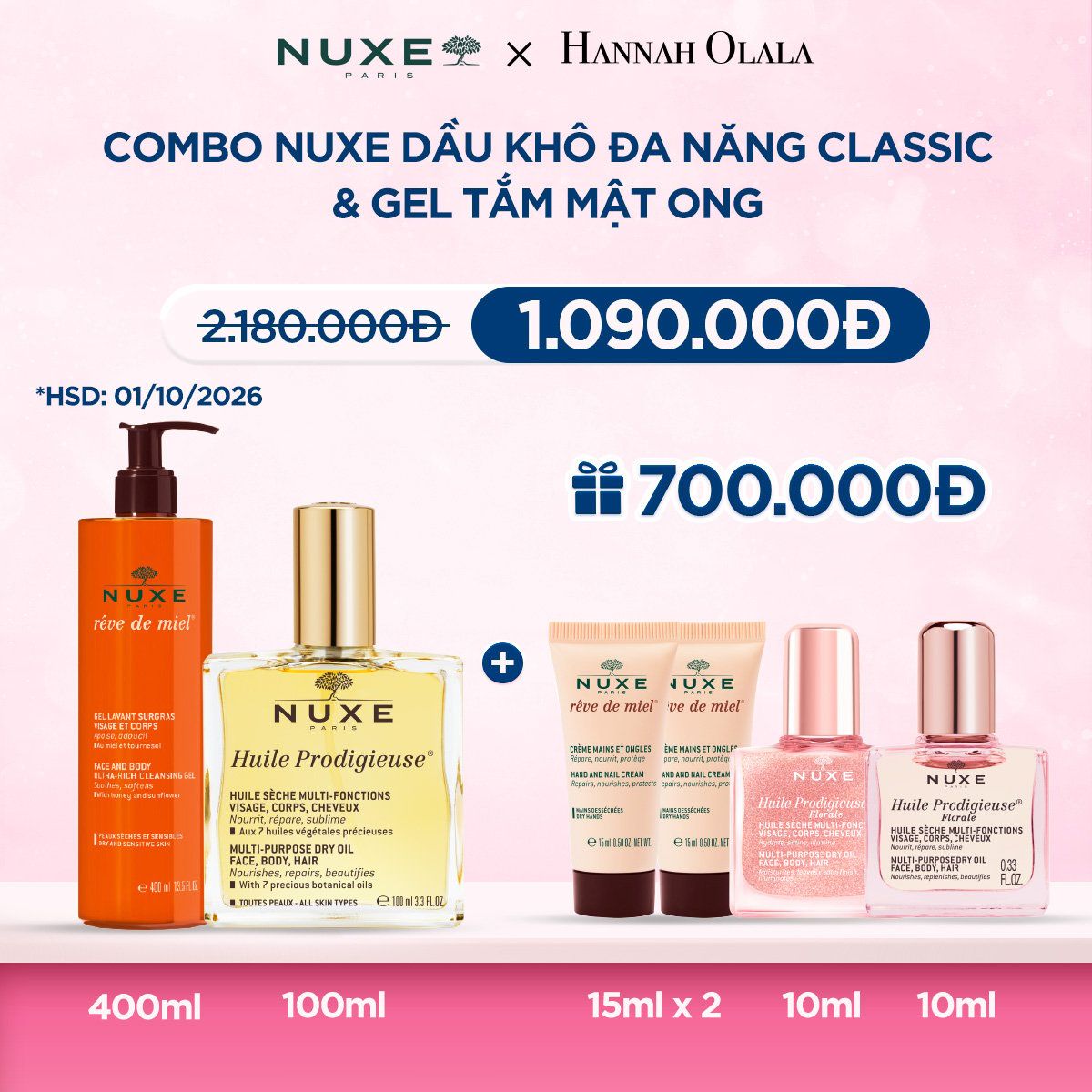  Deal 9: COMBO LÀM SẠCH & DƯỠNG ẨM NUXE: DẦU DƯỠNG 100ML + GEL TẮM 400ML 