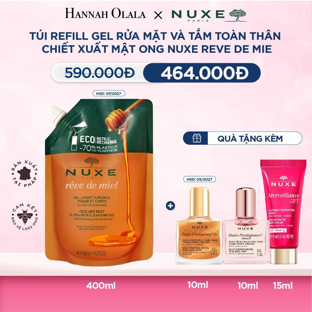  DEAL 6: TÚI REFILL GEL RỬA MẶT VÀ TẮM TOÀN THÂN TỪ MẬT ONG NUXE REVE DE MIEL 400ML 