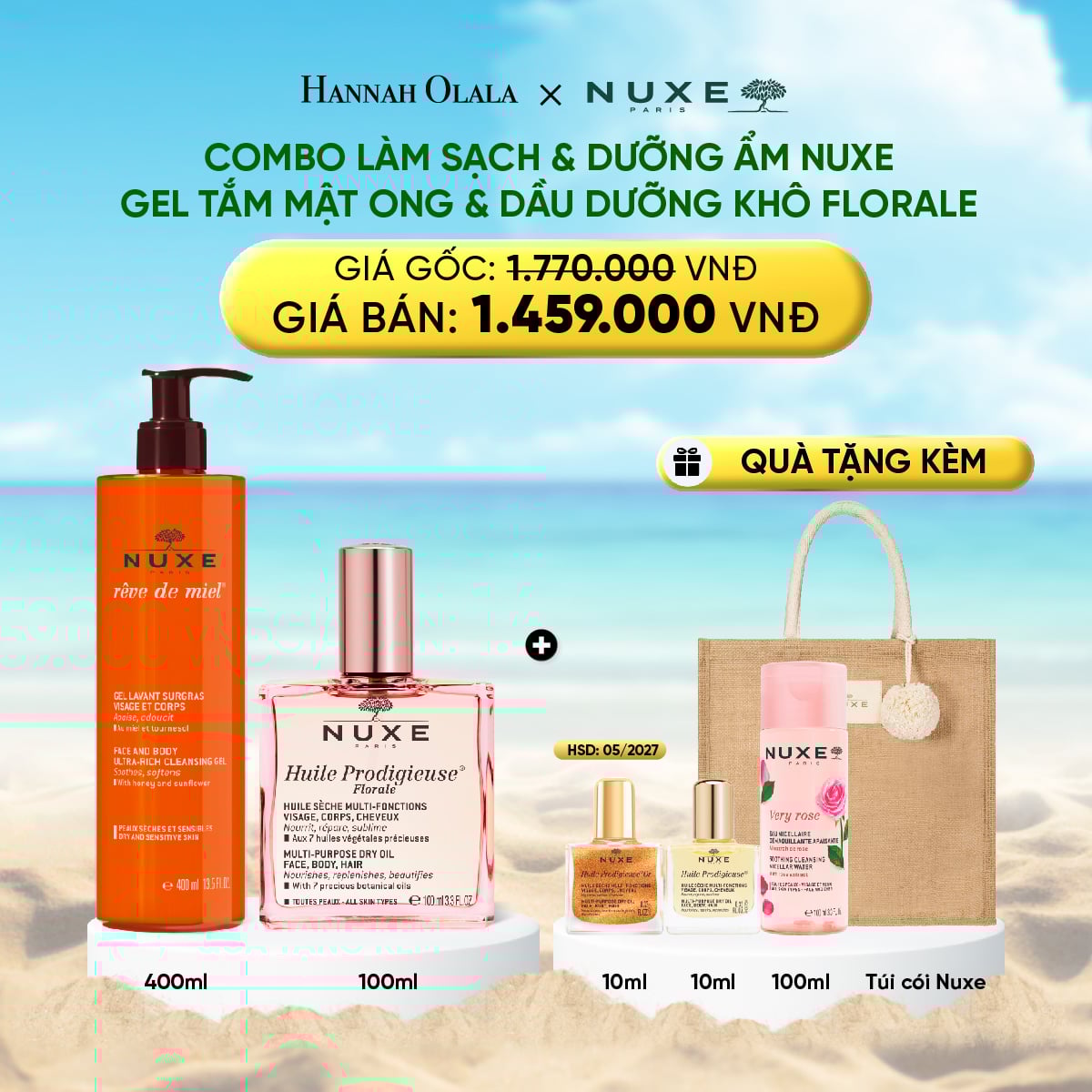 Combo Làm Sạch & Dưỡng Ẩm NUXE Dầu Khô Đa Năng 100ml Gel Tắm 400ml