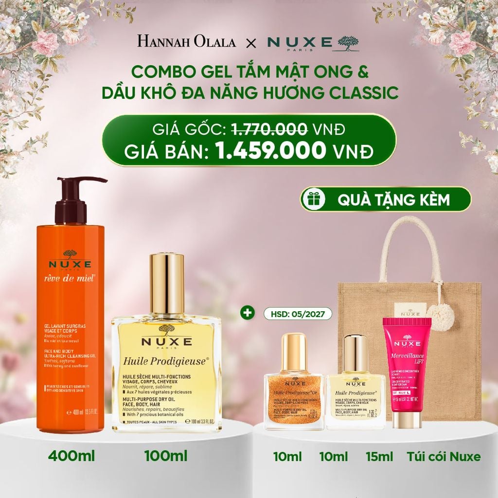  DEAL 11: COMBO LÀM SẠCH & DƯỠNG ẨM NUXE: DẦU KHÔ ĐA NĂNG 100ML + GEL TẮM 400ML (CHỌN HƯƠNG) 