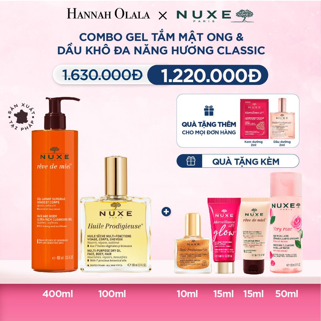  M22_DEAL 11: COMBO LÀM SẠCH & DƯỠNG ẨM NUXE: DẦU KHÔ ĐA NĂNG 100ML + GEL TẮM 400ML (CHỌN HƯƠNG) 