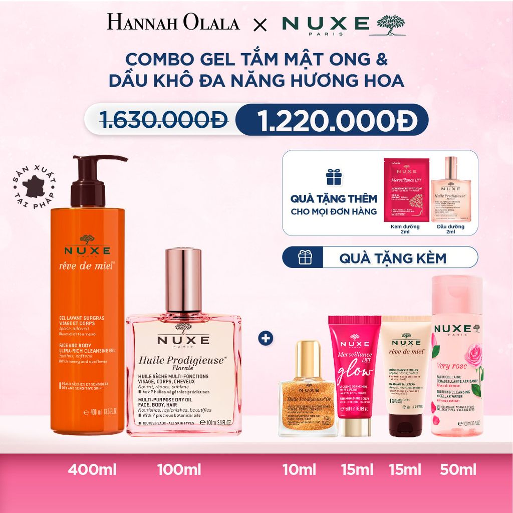  M22_DEAL 11: COMBO LÀM SẠCH & DƯỠNG ẨM NUXE: DẦU KHÔ ĐA NĂNG 100ML + GEL TẮM 400ML (CHỌN HƯƠNG) 
