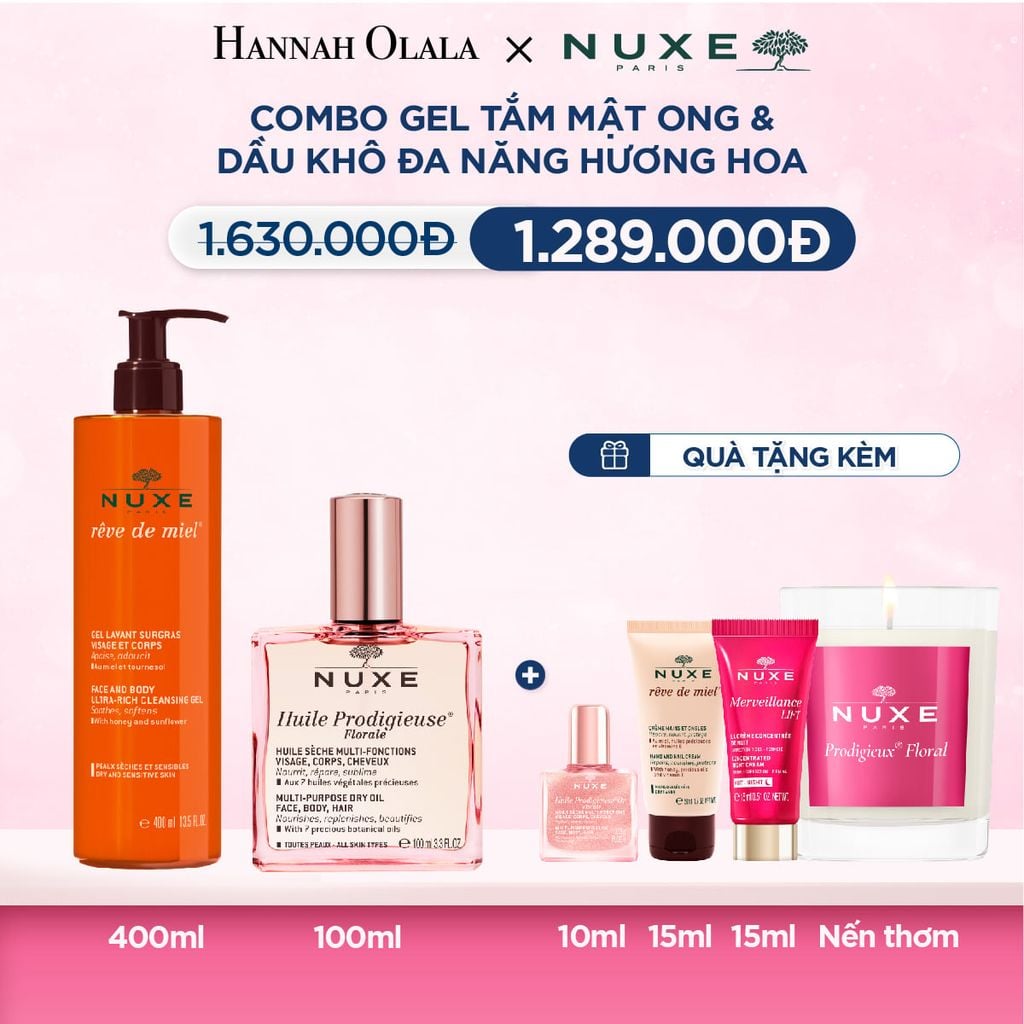  Deal 11: COMBO LÀM SẠCH & DƯỠNG ẨM NUXE: DẦU KHÔ ĐA NĂNG 100ML + GEL TẮM 400ML (CHỌN HƯƠNG) 
