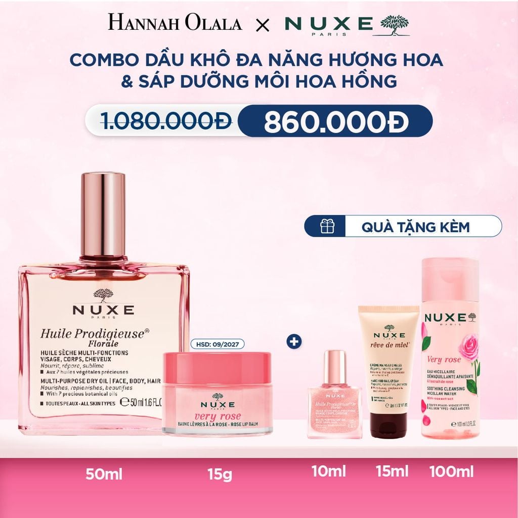  Deal 12: COMBO DƯỠNG DA & MÔI NUXE: DẦU KHÔ ĐA NĂNG 50ML + DƯỠNG MÔI 15G (CHỌN HƯƠNG) 