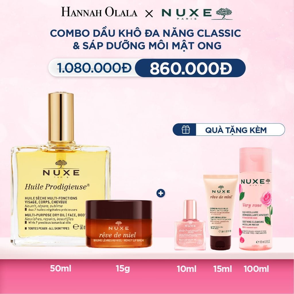  Deal 12: COMBO DƯỠNG DA & MÔI NUXE: DẦU KHÔ ĐA NĂNG 50ML + DƯỠNG MÔI 15G (CHỌN HƯƠNG) 