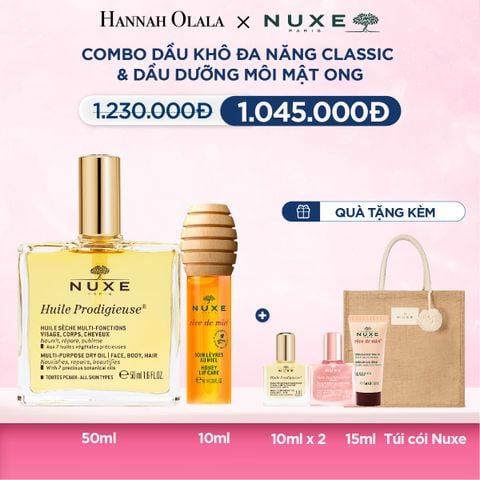  Deal 13: COMBO DƯỠNG ẨM ĐA NĂNG NUXE: DẦU KHÔ CLASSIC 50ML + DẦU DƯỠNG MÔI MẬT ONG 10ML 