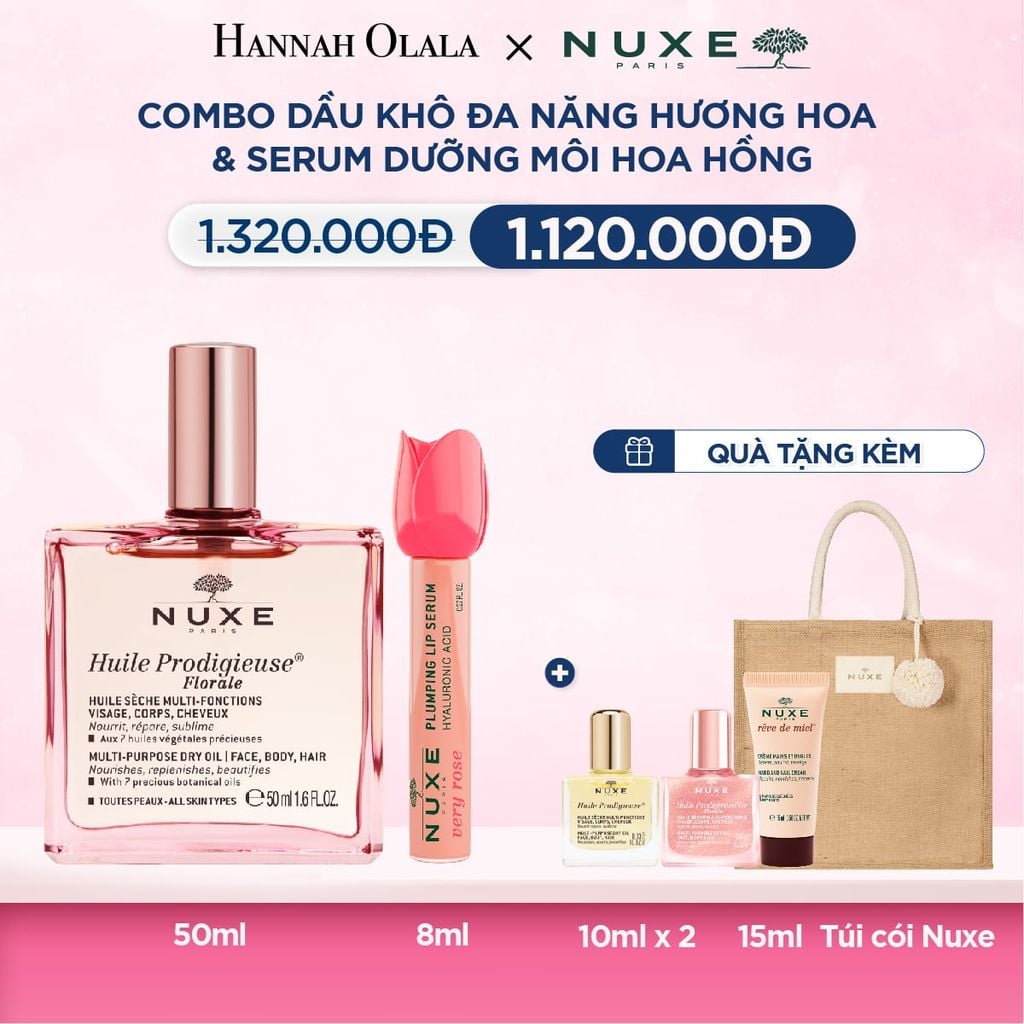  Deal 14: COMBO DƯỠNG ẨM ĐA NĂNG NUXE: DẦU KHÔ FLORALE 50ML + SERUM DƯỠNG MÔI HOA HỒNG 8ML 