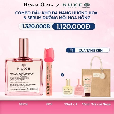  Deal 14: COMBO DƯỠNG ẨM ĐA NĂNG NUXE: DẦU KHÔ FLORALE 50ML + SERUM DƯỠNG MÔI HOA HỒNG 8ML 