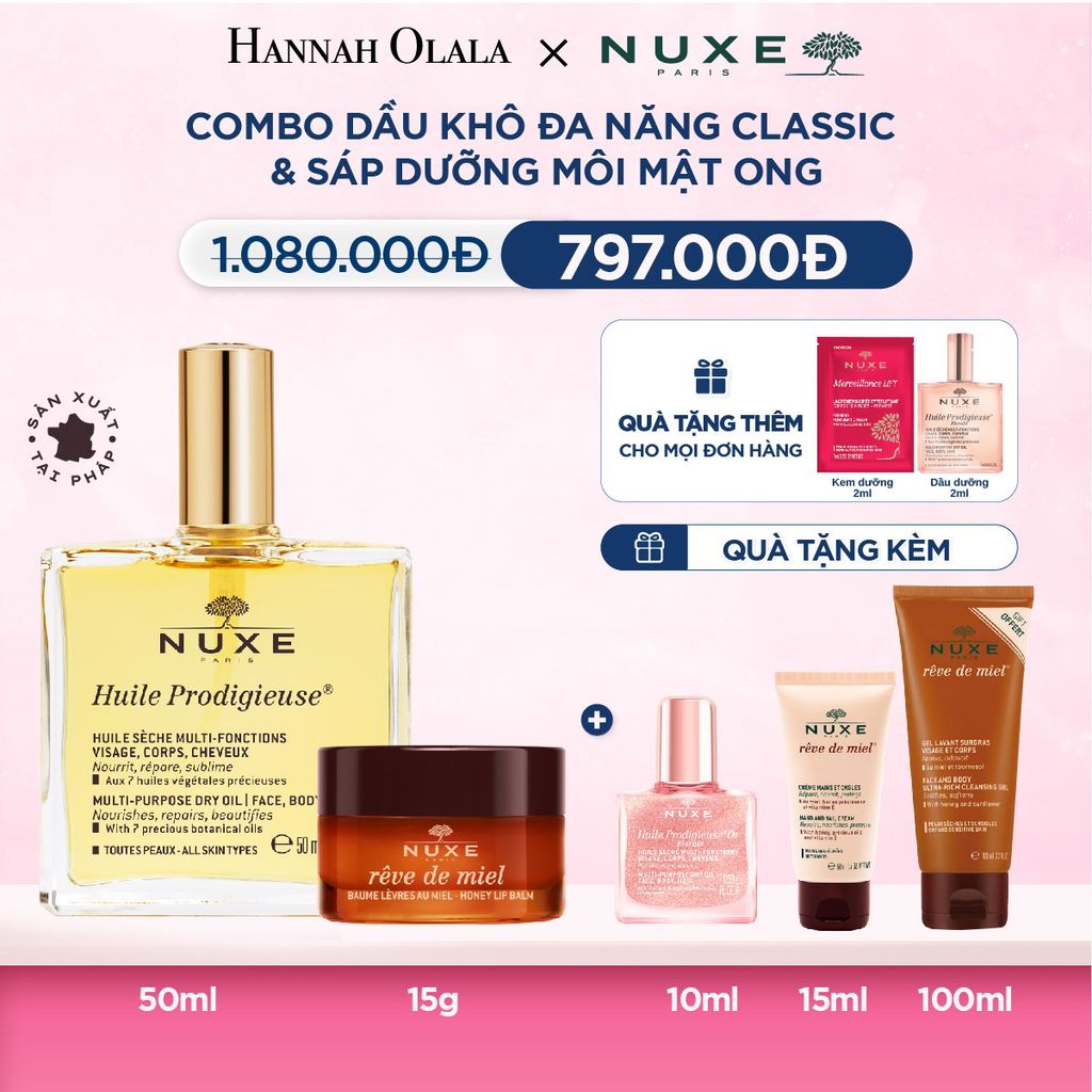  M24_DEAL 12: COMBO DƯỠNG DA & MÔI NUXE: DẦU KHÔ ĐA NĂNG 50ML + DƯỠNG MÔI 15G (CHỌN HƯƠNG) 