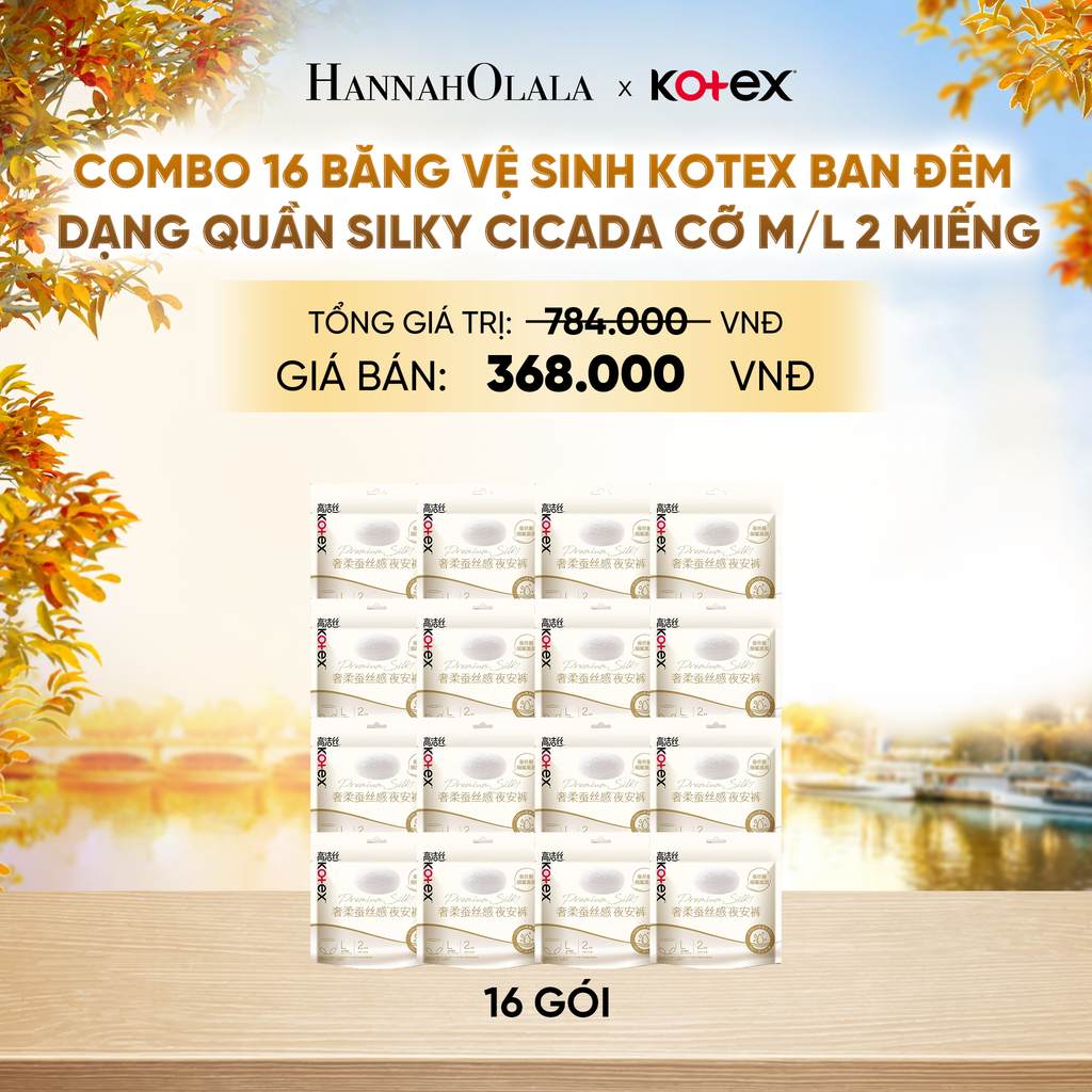  COMBO 16 BĂNG VỆ SINH KOTEX BAN ĐÊM DẠNG QUẦN SILKY CICADA CỠ M/L 2 MIẾNG - E893 
