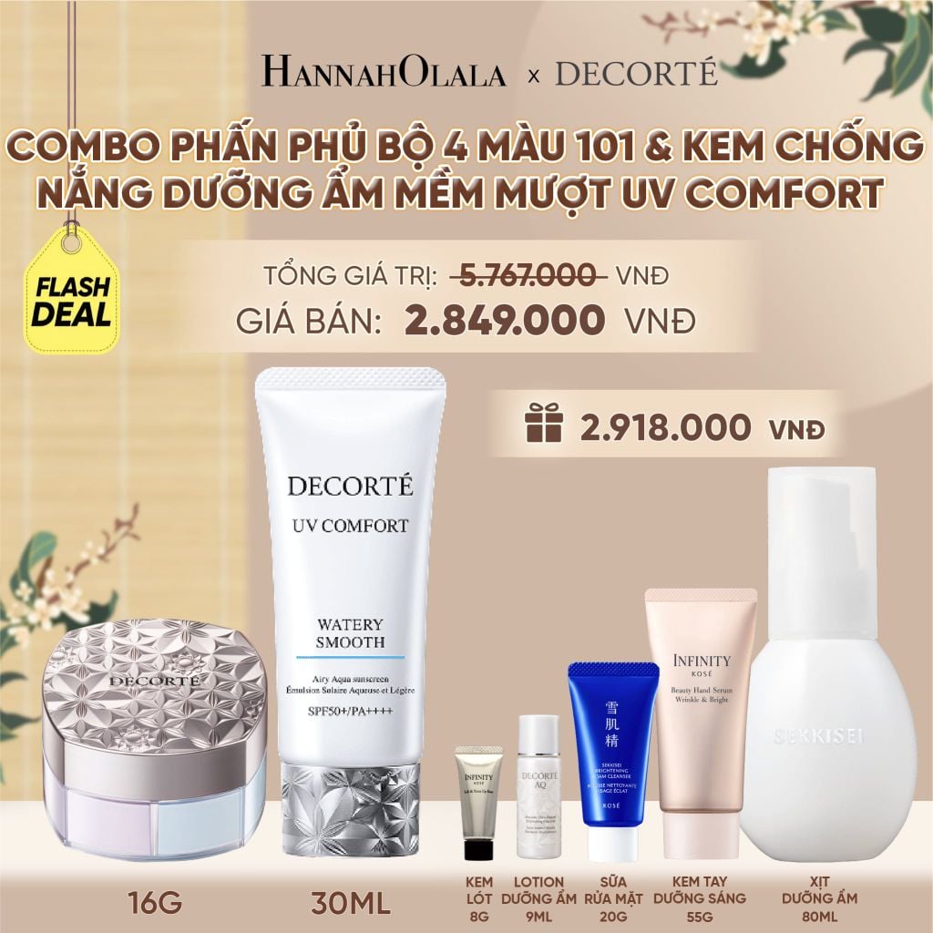  [FLASH DEAL] COMBO PHẤN PHỦ 4 MÀU 101 & KEM CHỐNG NẮNG DECORTÉ UV COMFORT (BẢN MỚI) - A427 