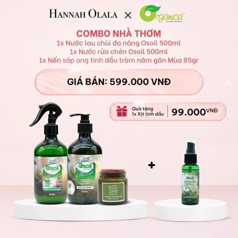  E1033_DEAL 15: COMBO NHÀ THƠM: 1 NƯỚC LAU CHÙI ĐA NĂNG OSOIL 500ML, 1 NƯỚC RỬA CHÉN OSOIL 500ML, 1 NẾN SÁP ONG TINH DẦU TRÀM NĂM GÂN MÙA 85GR 