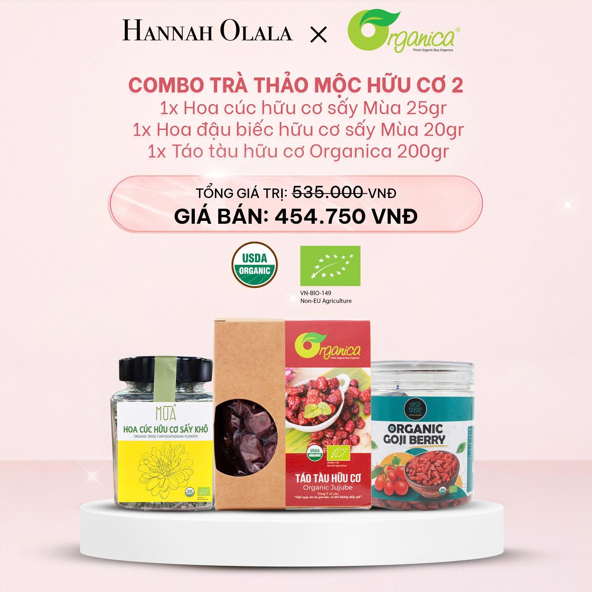  E1035_DEAL 17: COMBO TRÀ THẢO MỘC HỮU CƠ 2: 1 HOA CÚC HỮU CƠ SẤY MÙA 25GR, 1 KỶ TỬ HỮU CƠ SONLANGA 200GR, 1 TÁO TÀU HỮU CƠ ORGANICA 200GR 