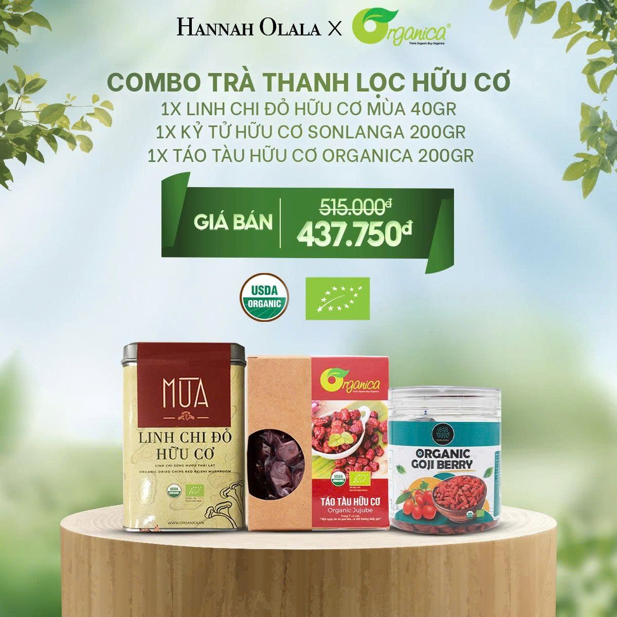  E29_DEAL 10: COMBO TRÀ THANH LỌC HỮU CƠ (LINH CHI ĐỎ HỮU CƠ MÙA 40GR, KỶ TỬ HỮU CƠ SONLANGA 200GR, TÁO TÀU HỮU CƠ ORGANICA 200GR) 