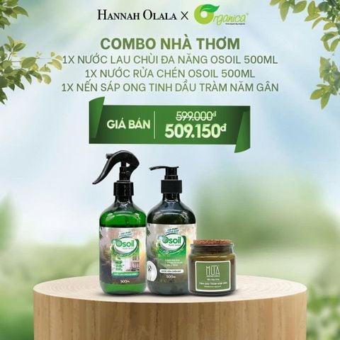  E43_DEAL 7: COMBO NHÀ THƠM (NƯỚC LAU CHÙI ĐA NĂNG OSOIL 500ML, NƯỚC RỬA CHÉN OSOIL 500ML, NẾN SÁP ONG TINH DẦU TRÀM NĂM GÂN MÙA 85GR) 