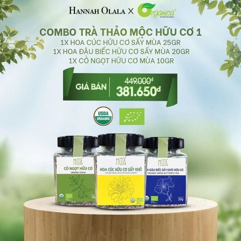  E44_DEAL 8: COMBO TRÀ THẢO MỘC HỮU CƠ (HOA CÚC HỮU CƠ SẤY MÙA 25GR, HOA ĐẬU BIẾC HỮU CƠ SẤY MÙA 20GR, CỎ NGỌT HỮU CƠ MÙA 10GR) 
