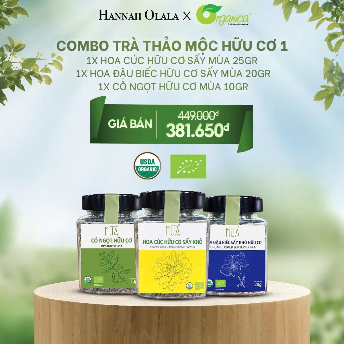  DEAL 8: COMBO TRÀ THẢO MỘC HỮU CƠ (HOA CÚC HỮU CƠ SẤY MÙA 25GR, HOA ĐẬU BIẾC HỮU CƠ SẤY MÙA 20GR, CỎ NGỌT HỮU CƠ MÙA 10GR) 