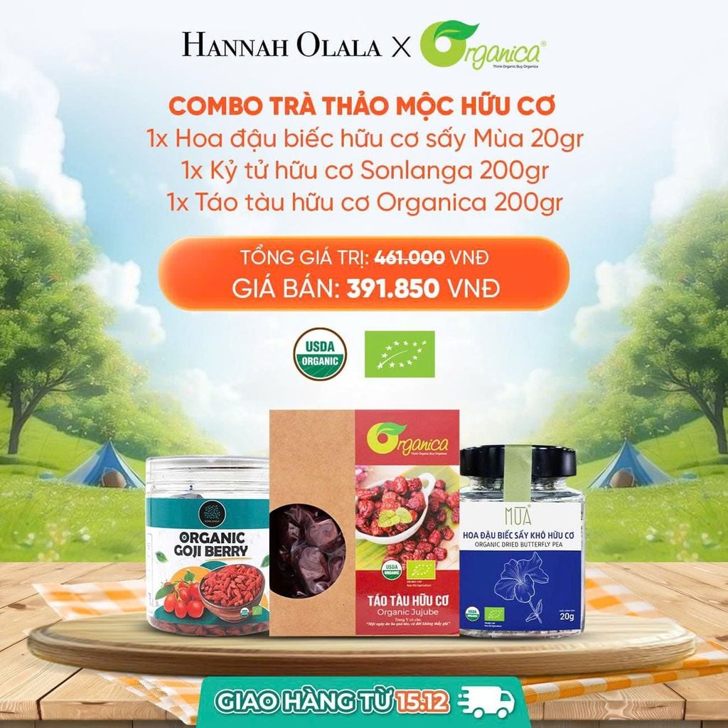  DEAL 7: [GIAO HÀNG TỪ 15/12] COMBO TRÀ THẢO MỘC HỮU CƠ 1X HOA ĐẬU BIẾC HỮU CƠ SẤY MÙA 20GR 1X KỶ TỬ HỮU CƠ SONLANGA 200GR 1X TÁO TÀU HỮU CƠ ORGANICA 200GR 