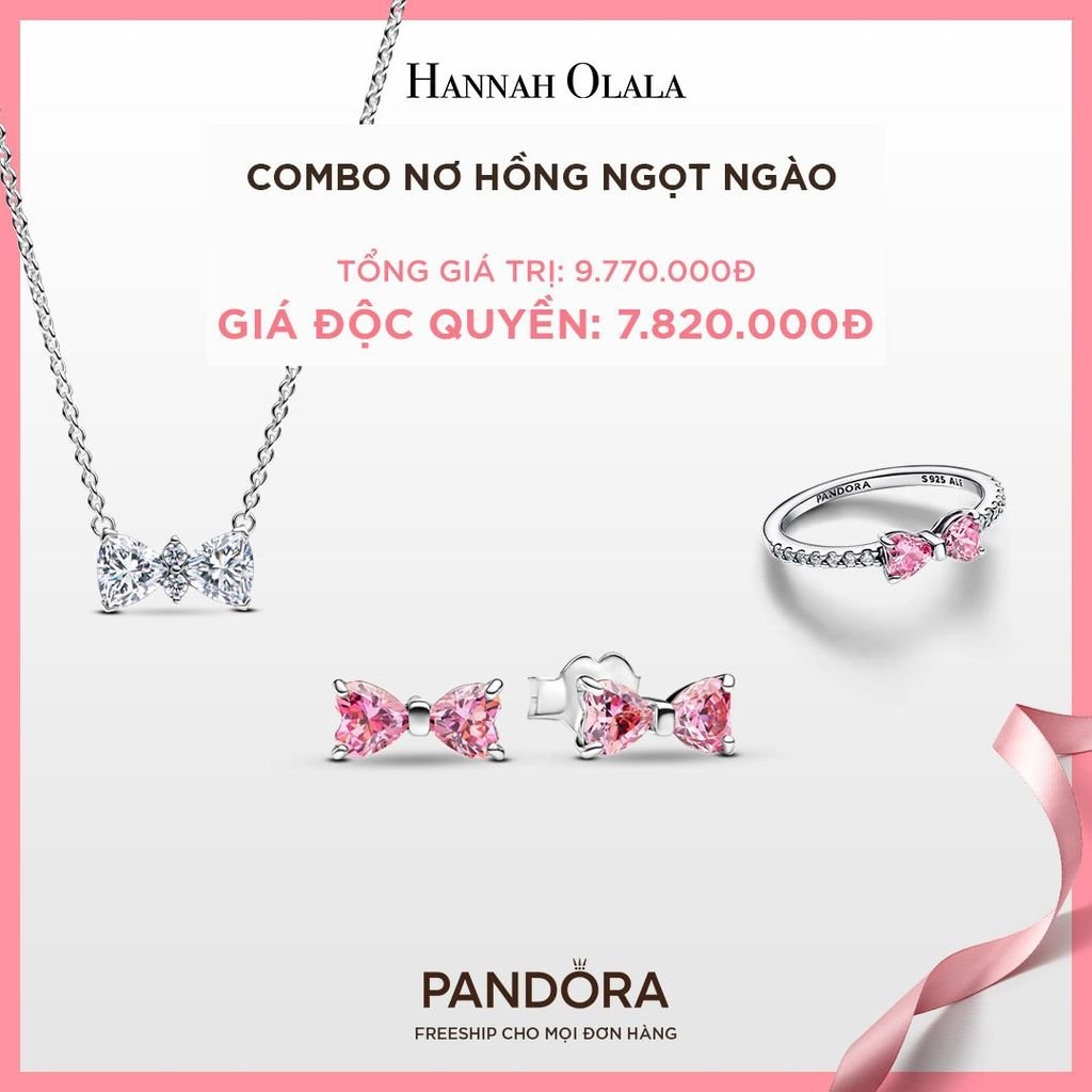  A230_DEAL 139: PANDORA COMBO NƠ HỒNG NGỌT NGÀO [ 1 BÔNG TAI & 1 DÂY CHUYỀN & 1 NHẪN ] 