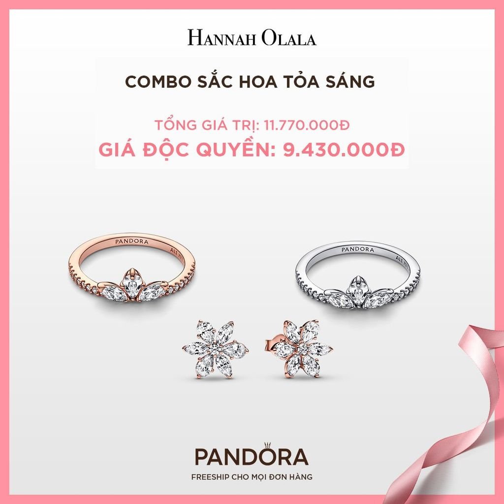  A234_DEAL 140: PANDORA COMBO SẮC HOA TỎA SÁNG [ 2 NHẪN & 1 BÔNG TAI ] 