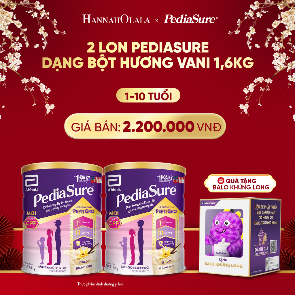  DEAL 11: [TẶNG BALO KHỦNG LONG TÍM] 2 LON PEDIASURE DẠNG BỘT HƯƠNG VANI 1,6KG 