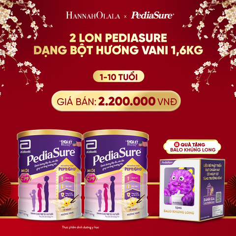  A57_DEAL 11: [TẶNG BALO KHỦNG LONG TÍM] 2 LON PEDIASURE DẠNG BỘT HƯƠNG VANI 1,6KG 