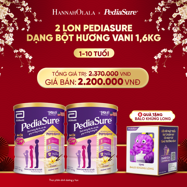  DEAL 11: [TẶNG BALO KHỦNG LONG TÍM] 2 LON PEDIASURE DẠNG BỘT HƯƠNG VANI 1,6KG 