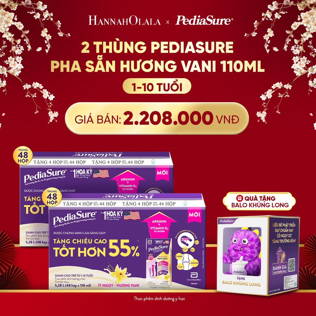  A58_DEAL 12: [TẶNG BALO KHỦNG LONG TÍM] 2 THÙNG PEDIASURE PHA SẴN HƯƠNG VANI 110ML 