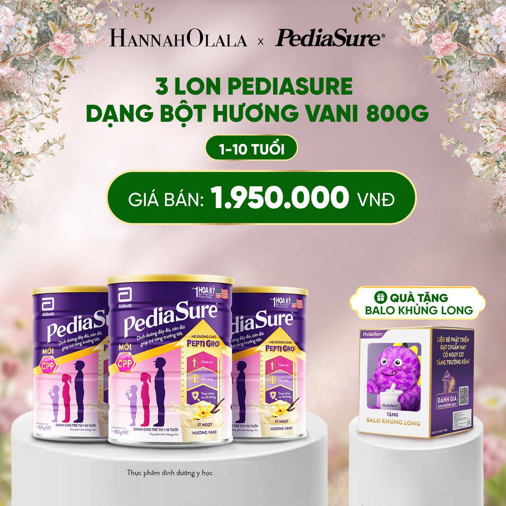  DEAL 13: [TẶNG BALO KHỦNG LONG TÍM] 3 LON PEDIASURE DẠNG BỘT HƯƠNG VANI 800G 