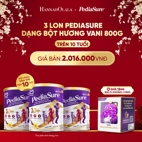  A60_DEAL 14: [TẶNG BALO KHỦNG LONG TÍM] 3 LON PEDIASURE DẠNG BỘT HƯƠNG VANI 10+ 800G 
