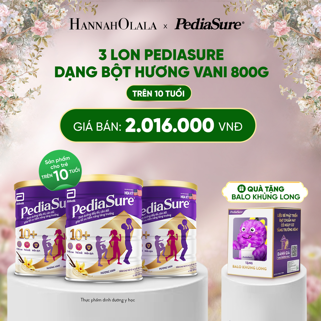  DEAL 14: [TẶNG BALO KHỦNG LONG TÍM] 3 LON PEDIASURE DẠNG BỘT HƯƠNG VANI 10+ 800G 