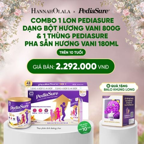  DEAL 15: [TẶNG BALO KHỦNG LONG TÍM] COMBO 1 LON PEDIASURE DẠNG BỘT HƯƠNG VANI 800G 10+ & 1 THÙNG PEDIASURE PHA SẴN HƯƠNG VANI 180ML 10+ 