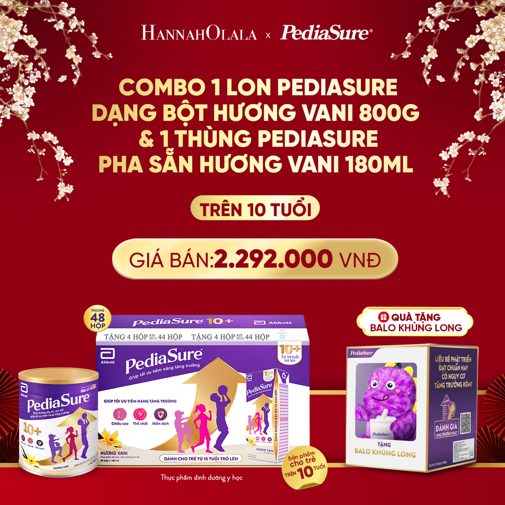 DEAL 15: [TẶNG BALO KHỦNG LONG TÍM] COMBO 1 LON PEDIASURE DẠNG BỘT HƯƠNG VANI 800G 10+ & 1 THÙNG PEDIASURE PHA SẴN HƯƠNG VANI 180ML 10+ 