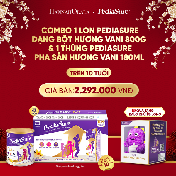  DEAL 15: [TẶNG BALO KHỦNG LONG TÍM] COMBO 1 LON PEDIASURE DẠNG BỘT HƯƠNG VANI 800G 10+ & 1 THÙNG PEDIASURE PHA SẴN HƯƠNG VANI 180ML 10+ 