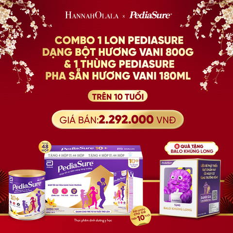  A61_DEAL 15: [TẶNG BALO KHỦNG LONG TÍM] COMBO 1 LON PEDIASURE DẠNG BỘT HƯƠNG VANI 800G 10+ & 1 THÙNG PEDIASURE PHA SẴN HƯƠNG VANI 180ML 10+ 