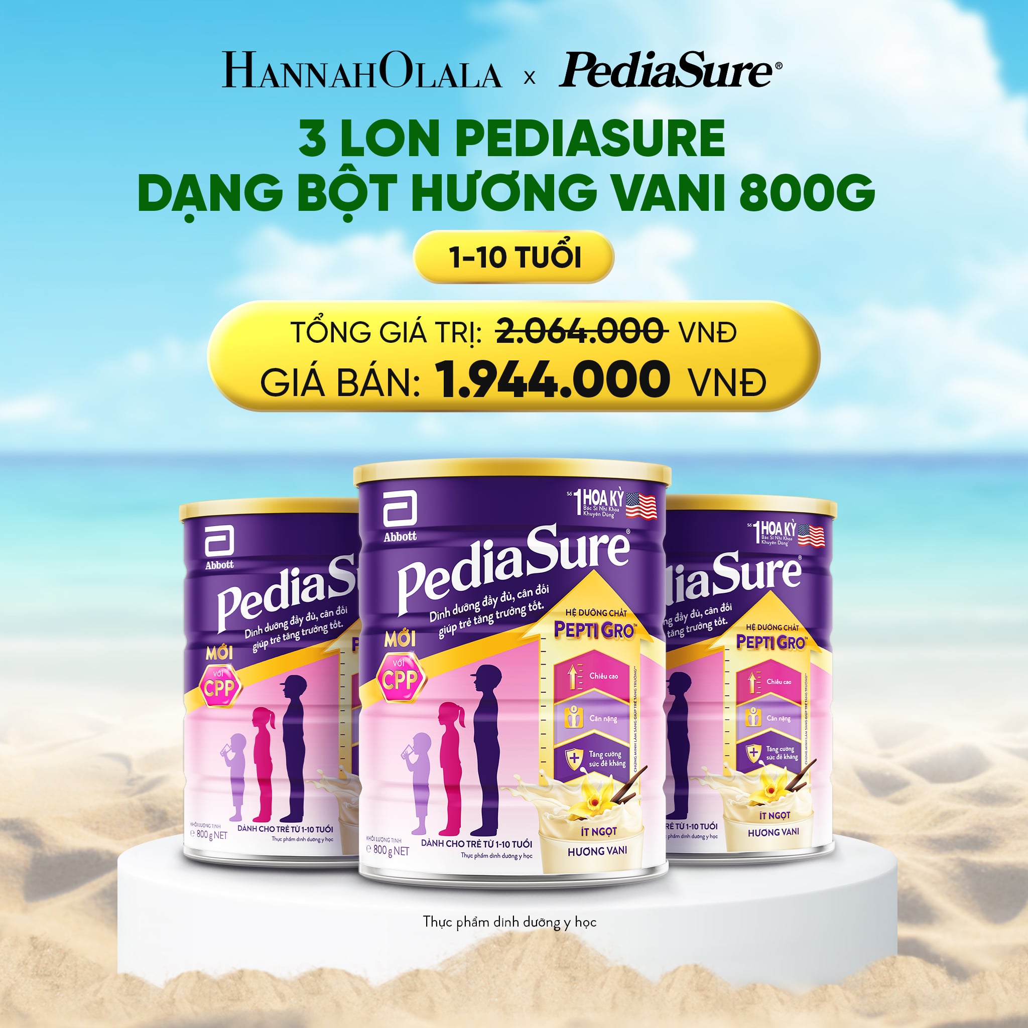 A622_deal 3: 3 lon pediasure dạng bột hương vani 800g