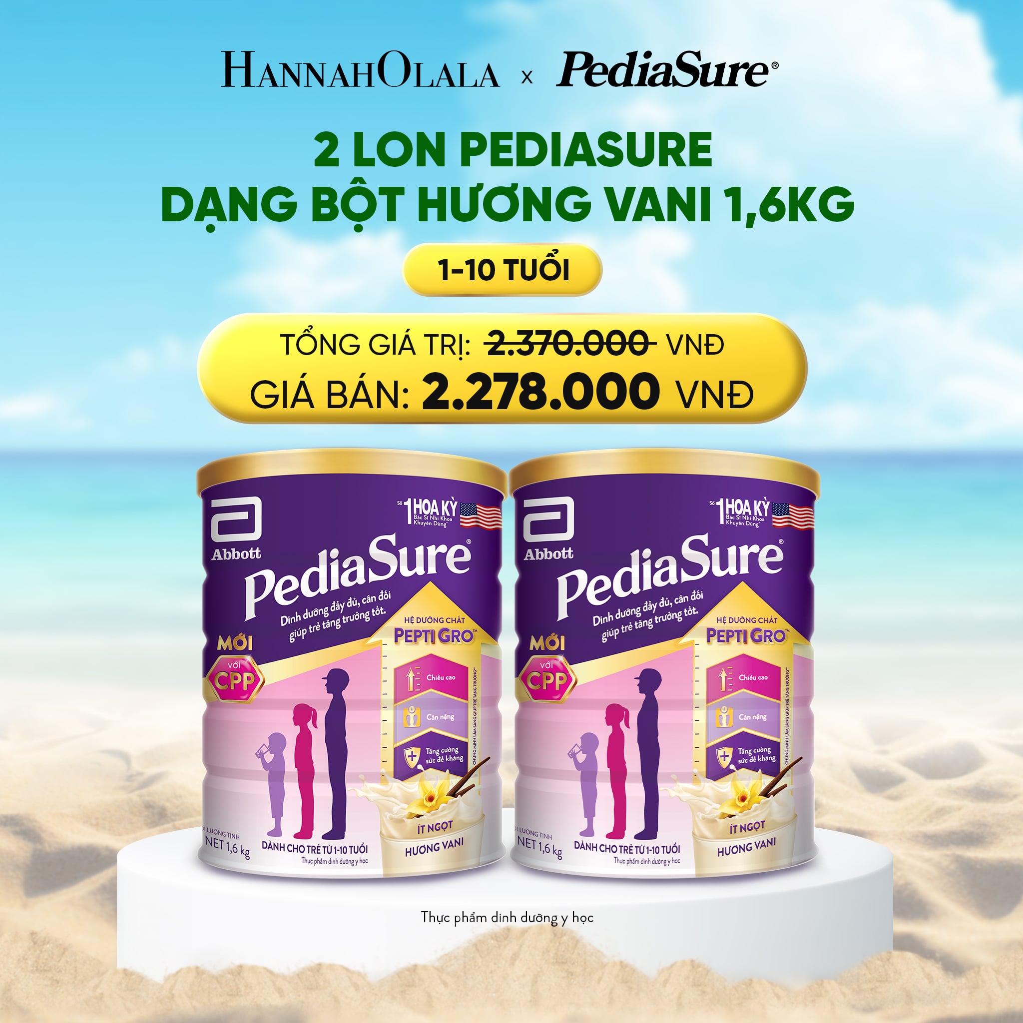 A619_deal 8: 2 lon pediasure dạng bột hương vani 1.6kg