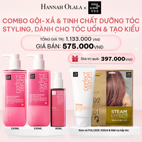  E492_DEAL 3: COMBO GỘI XẢ 530ML VÀ TINH CHẤT 80ML MISE EN SCENE PERFECT SERUM STYLING DƯỠNG TÓC SUÔN MƯỢT, DỄ VÀO NẾP DÀNH CHO TÓC UỐN 