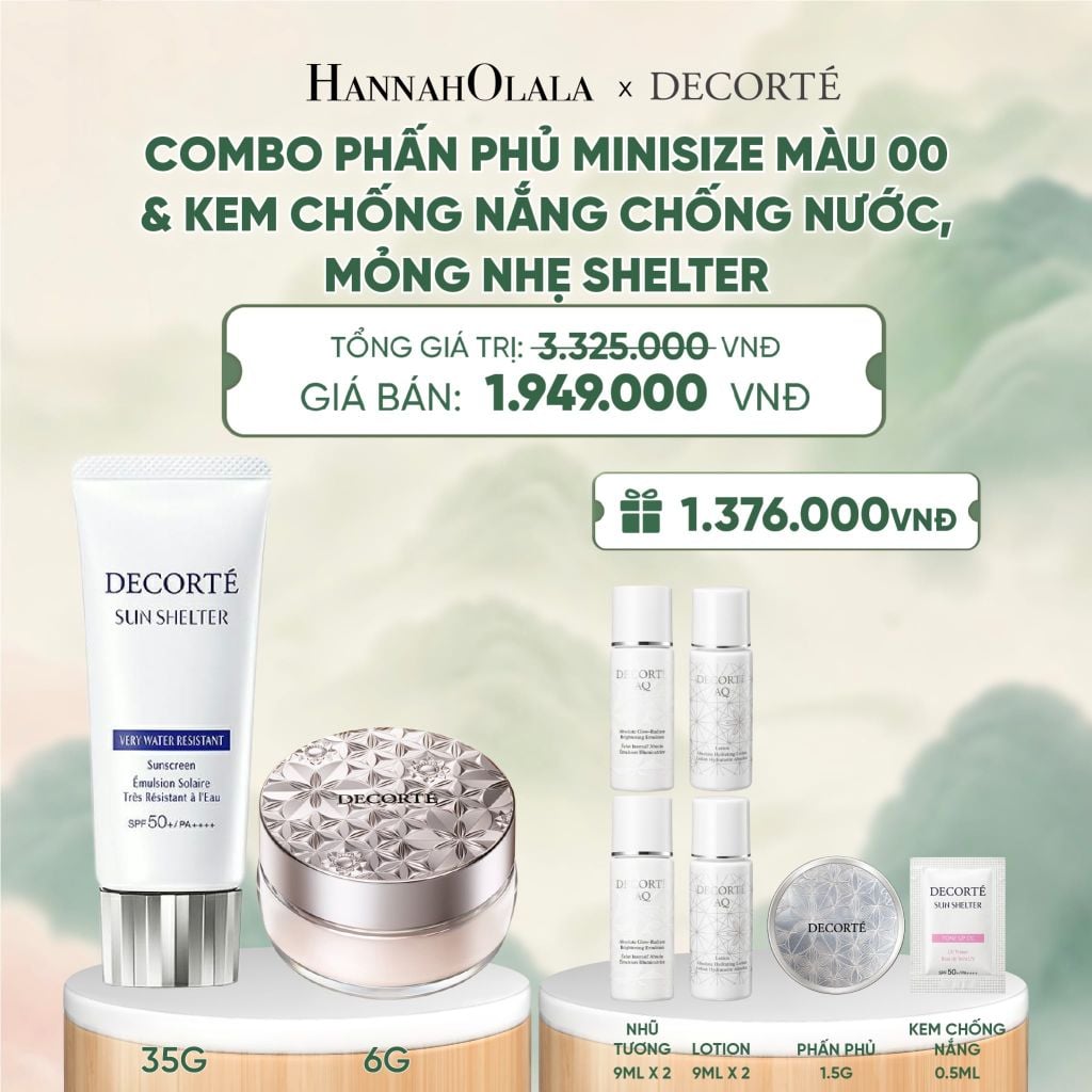  COMBO PHẤN PHỦ MINISIZE MÀU 00 TRONG SUỐT / 01 TRONG SUỐT PHA LÊ & KEM CHỐNG NẮNG DECORTÉ SUN SHELTER - A42 