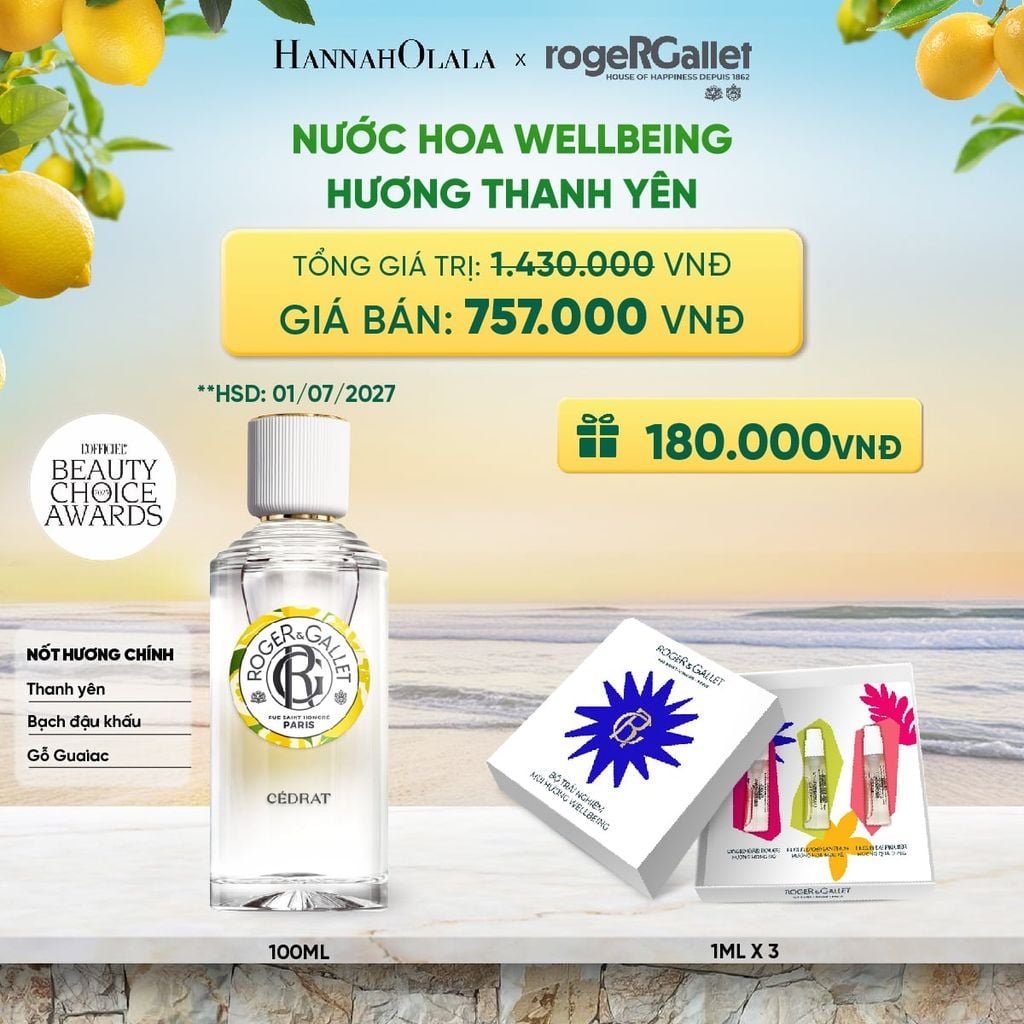  NƯỚC HOA WELLBEING ROGER&GALLET 100ML (HSD 07-08/2027) 