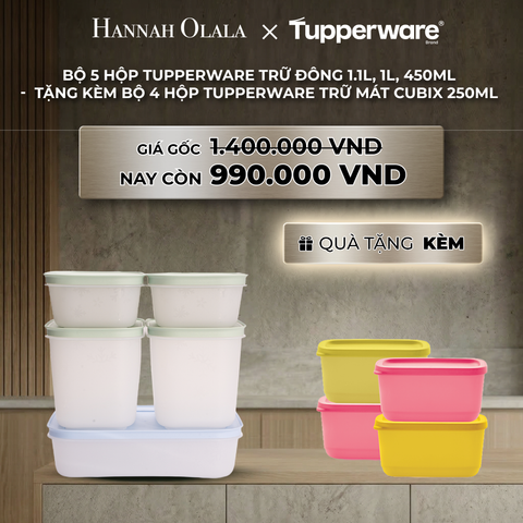  B32_DEAL 26 : BỘ 5 HỘP TUPPERWARE TRỮ ĐÔNG 1.1L, 1L, 450ML - TẶNG KÈM BỘ 4 HỘP TUPPERWARE TRỮ MÁT CUBIX 250ML 