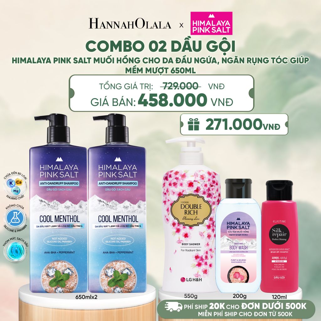  COMBO 02 DẦU GỘI HIMALAYA PINK SALT MUỐI HỒNG CHO DA ĐẦU NGỨA, NGĂN RỤNG TÓC GIÚP MỀM MƯỢT, ÓNG Ả 650ML - A358 