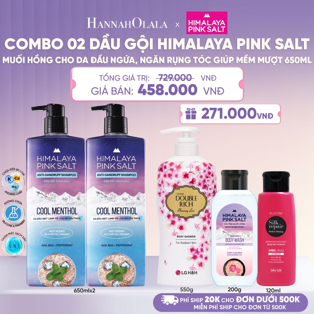  COMBO 02 DẦU GỘI HIMALAYA PINK SALT MUỐI HỒNG CHO DA ĐẦU NGỨA, NGĂN RỤNG TÓC GIÚP MỀM MƯỢT, ÓNG Ả 650ML - L094 