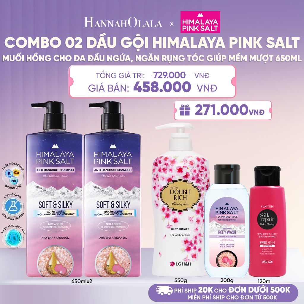 COMBO 02 DẦU GỘI HIMALAYA PINK SALT MUỐI HỒNG CHO DA ĐẦU NGỨA, NGĂN RỤNG TÓC GIÚP MỀM MƯỢT, ÓNG Ả 650ML - L094 