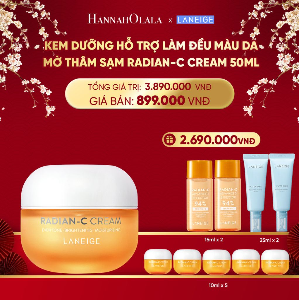  A250_DEAL 4BK: KEM DƯỠNG GIÚP HỖ TRỢ LÀM ĐỀU MÀU DA MỜ THÂM SẠM KEM DƯỠNG TRẮNG DA LÀM MỜ ĐỐM NÂU LANEIGE RADIAN-C CREAM 50ML 